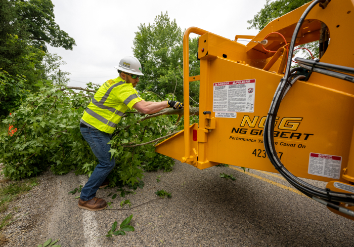 An NG Gilbert crew member feeds tree branches into a chipper.