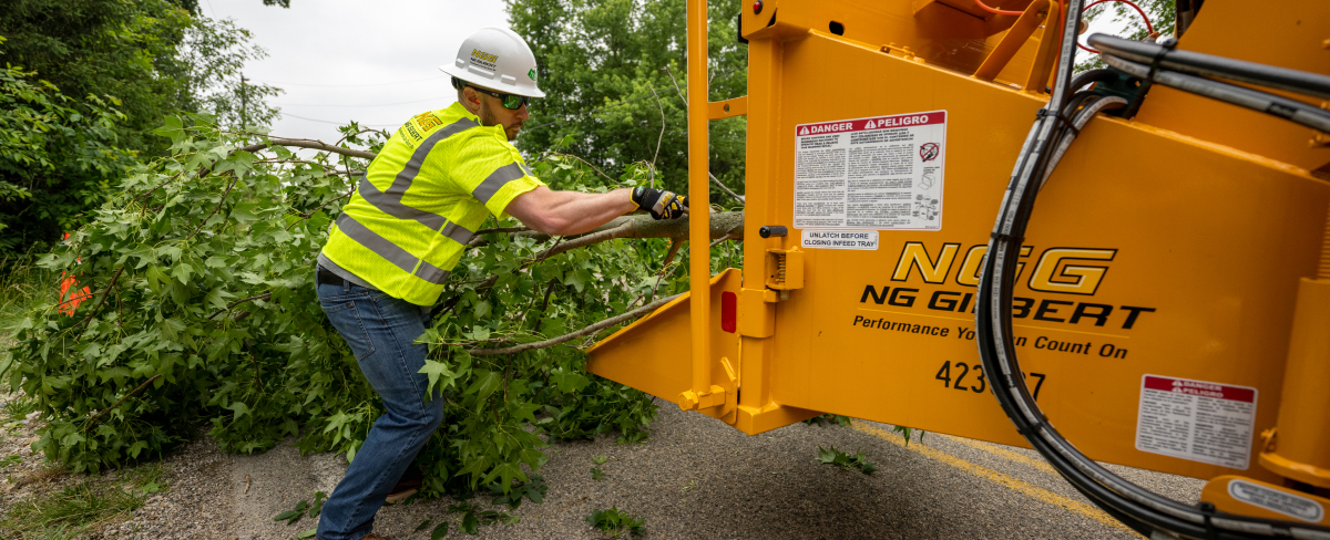 An NG Gilbert crew member feeds tree branches into a chipper.